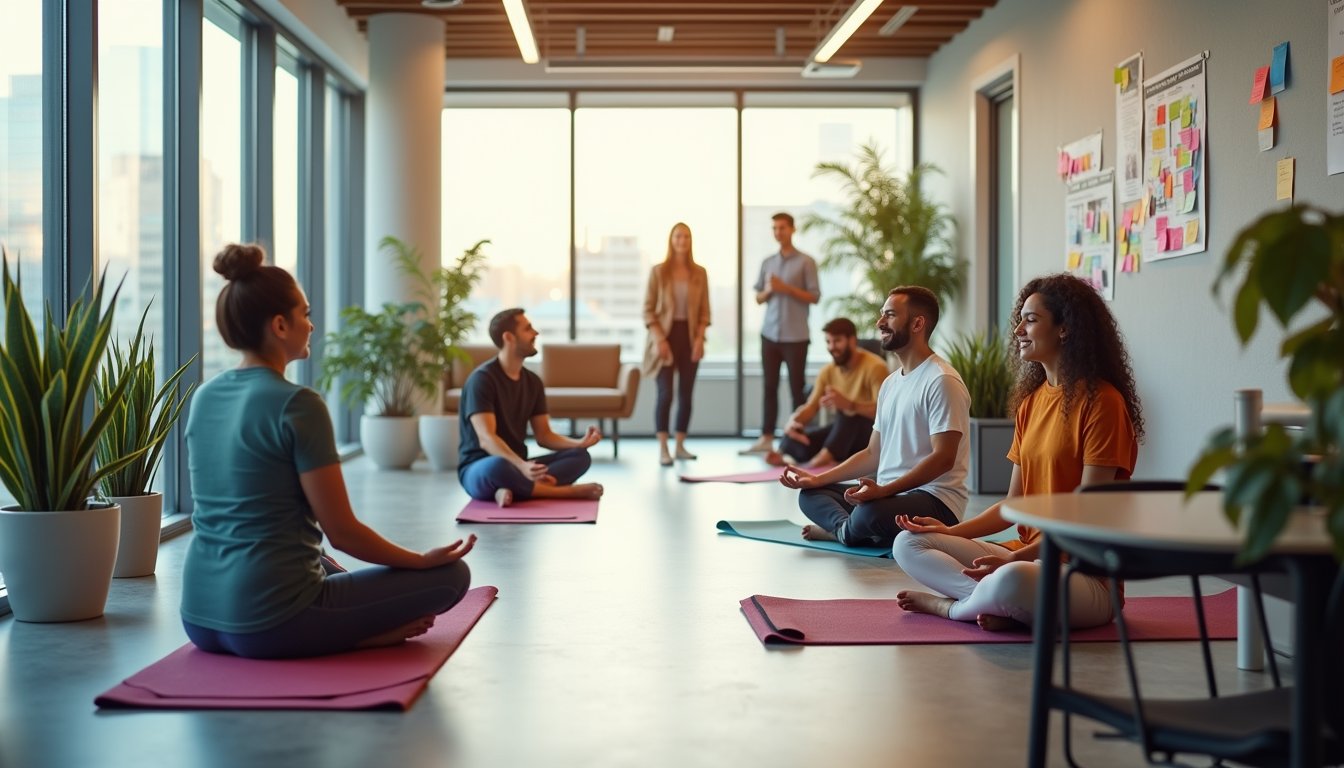 Peaceful office break room or quiet workspace area designed for cognitive recovery and workplace brain breaks to prevent burnout