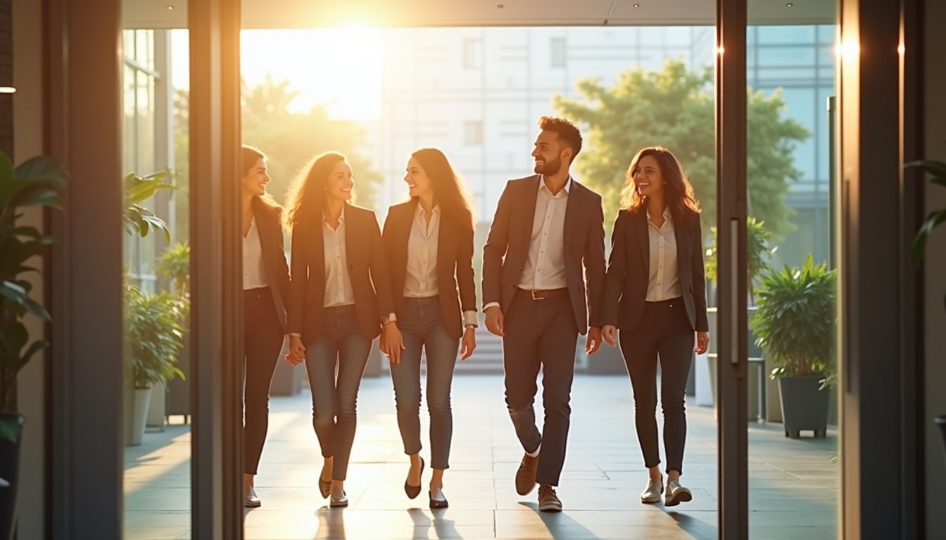 Professional office environment showing a four-day work week calendar with employees enjoying better work-life balance and reduced burnout stress