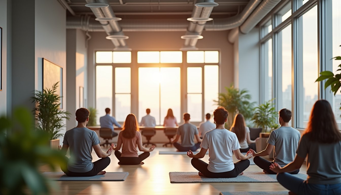 Calm young worker demonstrating workplace mindfulness techniques for better stress management and mental health
