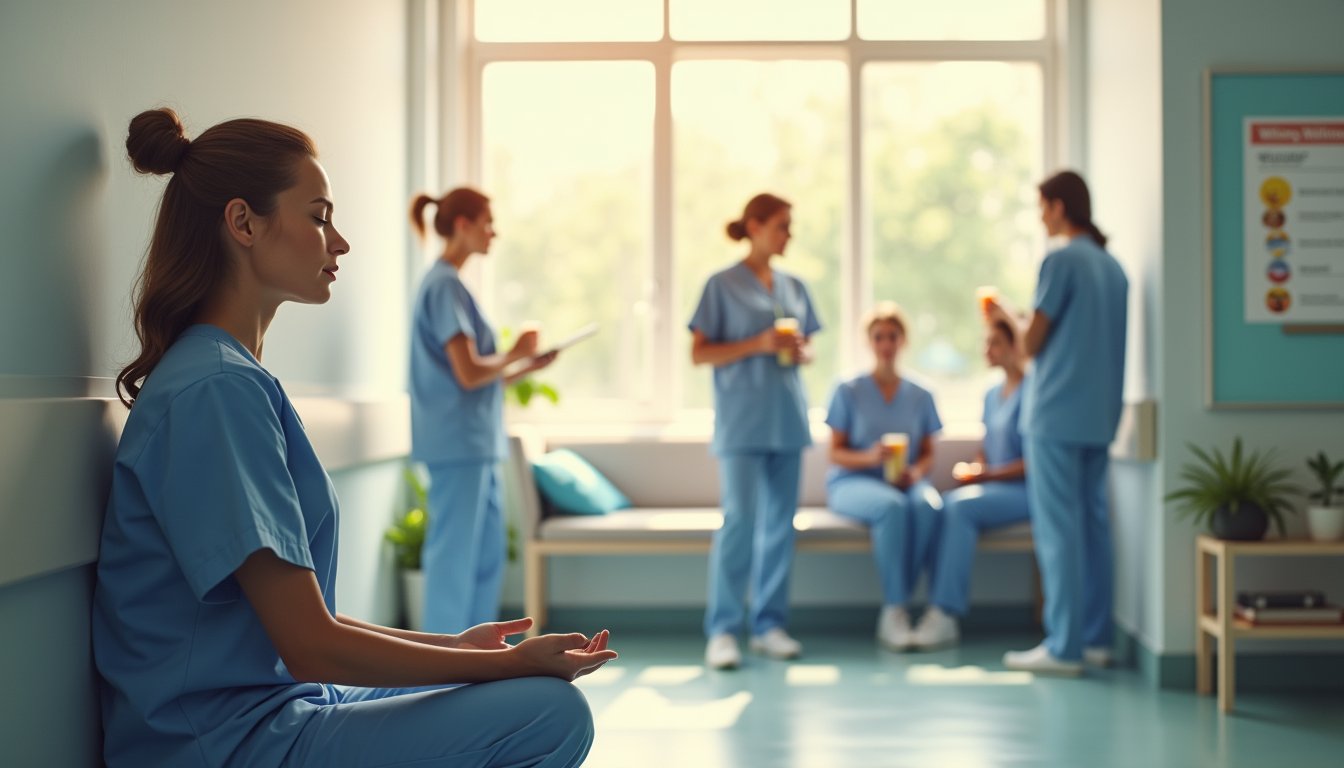 Healthcare workers engaging in self-care activities in a hospital wellness area