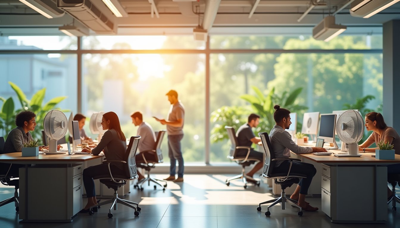 Business professionals maintaining focus and productivity in hot weather workplace environment