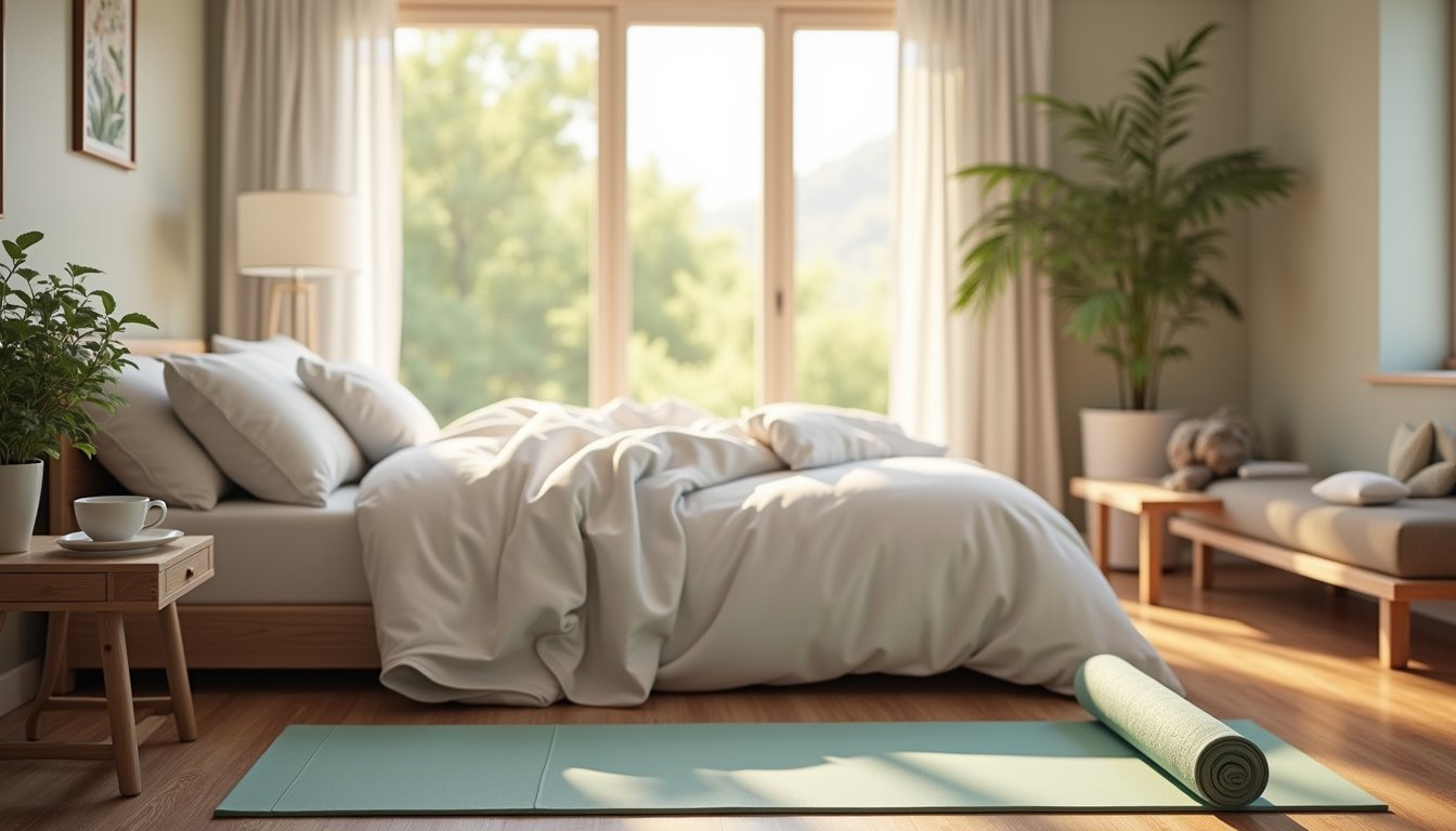 Peaceful bedroom recovery space with soft lighting, herbal tea, yoga mat, and natural light for healthcare worker burnout prevention