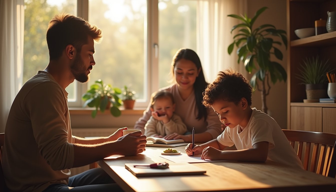 Calm working parent taking a mindful break during busy family morning, showing effective burnout prevention techniques
