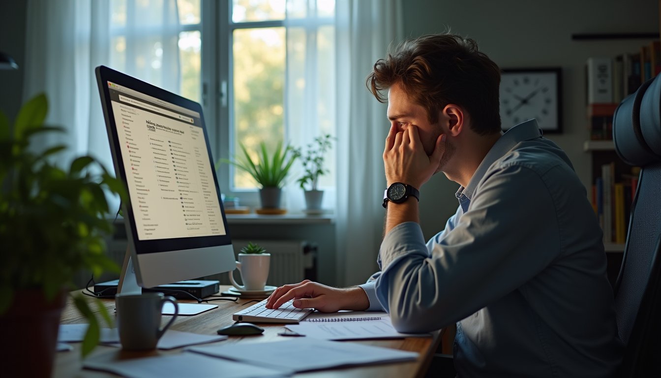 Professional working remotely displaying early warning signs of workplace burnout and fatigue
