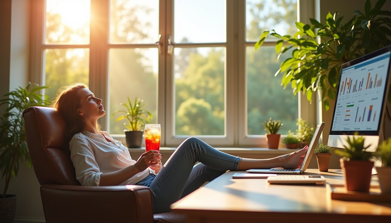 Professional relaxing in a sunlit office with plants, a laptop, and a summer view outside.