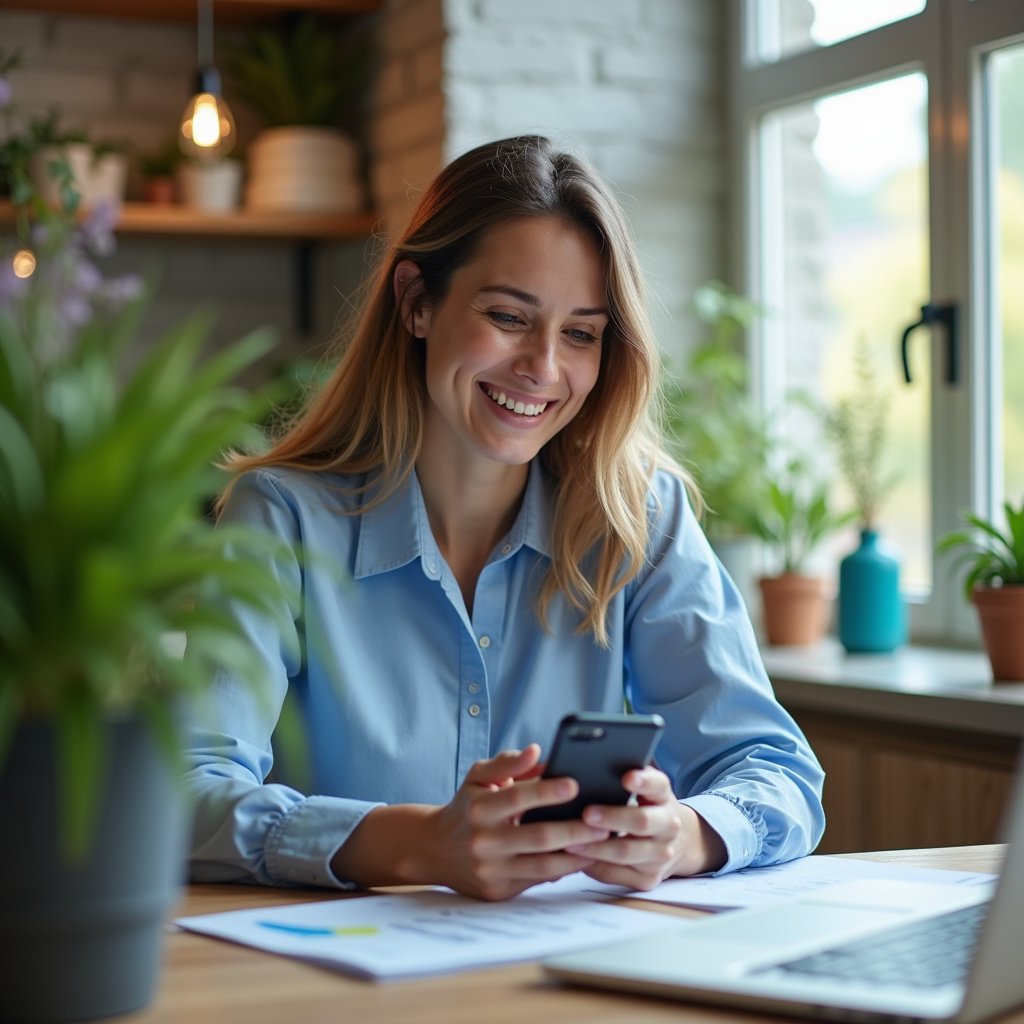 Happy professional using wellness app for better work-life balance