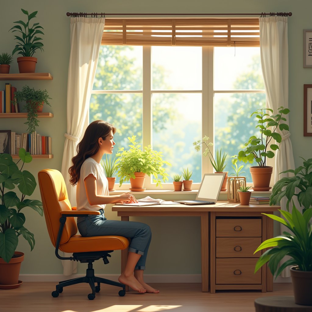 Peaceful summer office environment with natural lighting and organized workspace promoting work-life balance